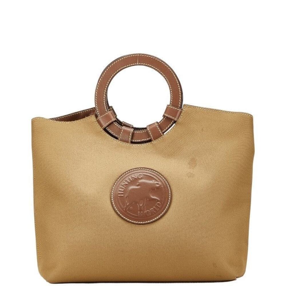 Hunting World Logo Tote Canvas Leather Handbag Khaki
